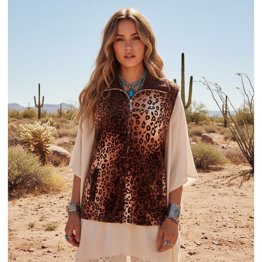 Rebecca Malone L Velour Vest Animal Brown Glam Y2K 90s Boho Indie Retro Classic